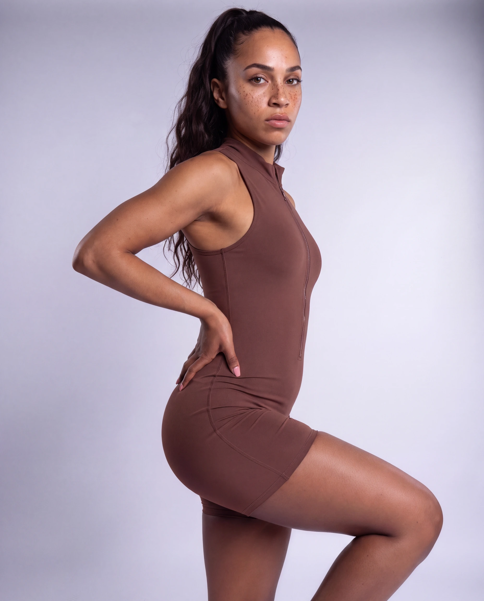 ARAIN Lumen Sleeveless Half-Zip Jumpsuit in Brown, back view