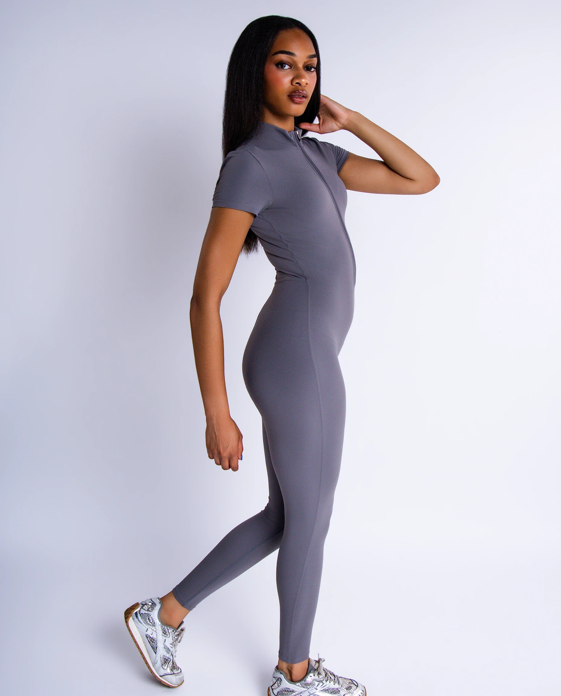 ARAIN Solace Short-Sleeve Zip Jumpsuit in Gray, back view