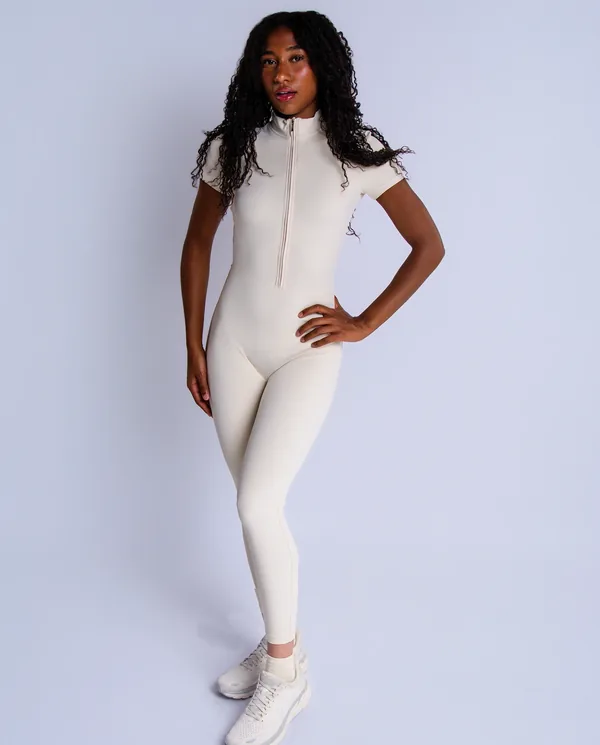 Solace Short-Sleeve Zip Jumpsuit, Cream White
